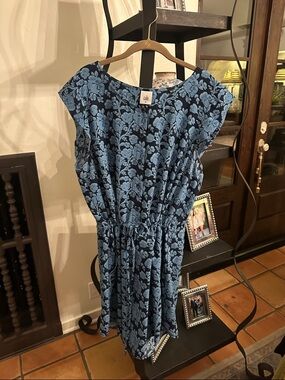 CAbi Navy and Light Blue Floral Drawstring Dress
